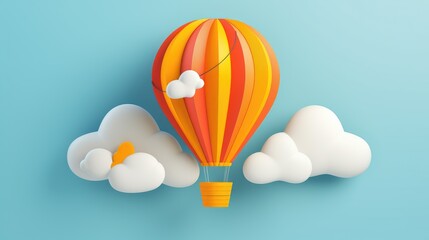 Naklejka premium A cartoon hot air balloon with clouds against a blue sky, symbolizing adventure and freedom.