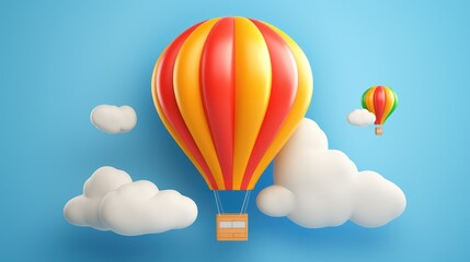 Obraz premium A large, red and yellow hot air balloon with a basket floats in a blue sky with white clouds and a smaller green and yellow hot air balloon.