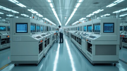 Obraz premium Futuristic Electronics Manufacturing Plant: Worker Monitoring Automated Assembly Process in Hi-Tech Factory Environment