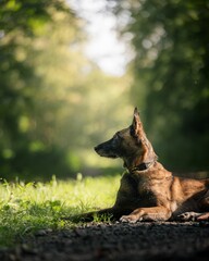 Dog lying on a sunlit path in a forest