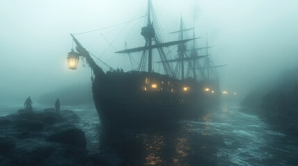 Fototapeta premium Ghostly Pirate Ship in Dense Fog with Glowing Lanterns and Eerie Ghostly Figures - Hyperrealistic 3D Illustration in Blender Cycles