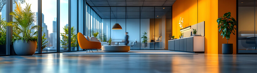 Modern Office Interior Illustration: Orange Accent Wall, City View, and Open Space
