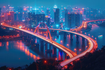 Obraz premium At night, bird's-eye view of urban overpasses