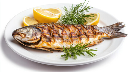 grilled dorada fish on a white late with lemons and rosemary