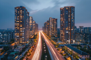 Fototapeta premium At night, the light trajectory of the taillights of fast-moving vehicles on city roads