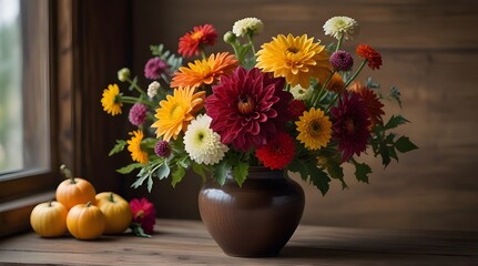 Obraz premium Autumn still life with garden flowers Beautiful autumn with lush green . generative ai 