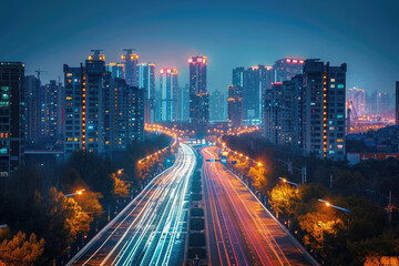 Fototapeta premium At night, the light trajectory of the taillights of fast-moving vehicles on city roads