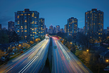 Obraz premium At night, the light trajectory of the taillights of fast-moving vehicles on city roads