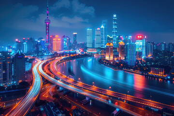 Fototapeta premium At night, bird's-eye view of urban overpasses