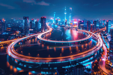 Fototapeta premium At night, bird's-eye view of urban overpasses