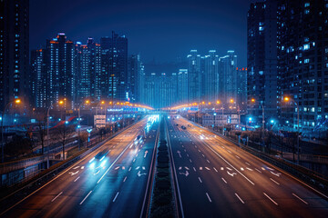 At night, the light trajectory of the taillights of fast-moving vehicles on city roads