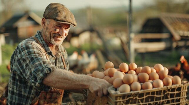 A farmer collecting eggs from a poultry farm.