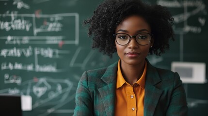 Confident female professor with curly hair and glasses stands poised in front of a chalkboard covered with complex mathematical equations. Dressed in a professional plaid blazer and vibrant mustard bl