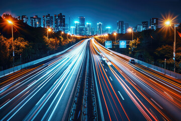 At night, the light trajectory of the taillights of fast-moving vehicles on city roads