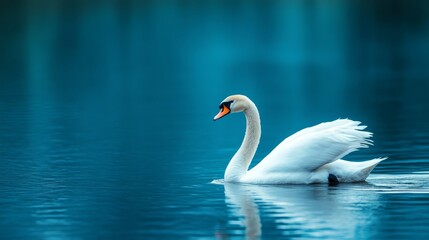 Obraz premium Graceful White Swan on Calm Blue Water