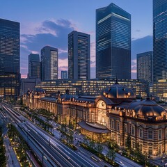 Fototapeta premium Tokyo station building at twilight time. at the Marunouchi business district, Japan.