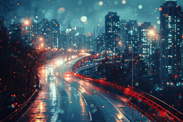 Fototapeta premium At night, the light trajectory of the taillights of fast-moving vehicles on city roads