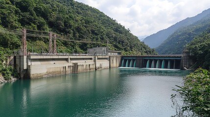 A modern hydroelectric power station, showcasing its large turbines and dam structure against a backdrop of flowing water. The facility is designed with sleek lines and advanced technology, 