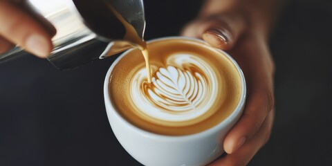 A barista is skillfully pouring steamed milk into a cup of coffee to create beautiful latte art, showcasing the precision and artistry involved in making specialty coffee beverages.