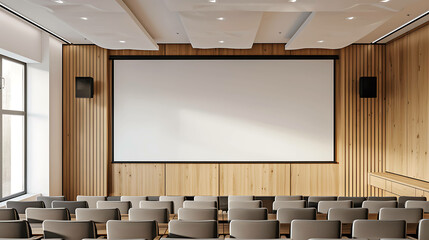 An empty auditorium with a large projector screen and rows of chairs.