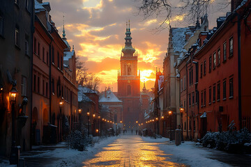 Golden Sunset Illustration Over Snow Covered Street in Warsaw Poland