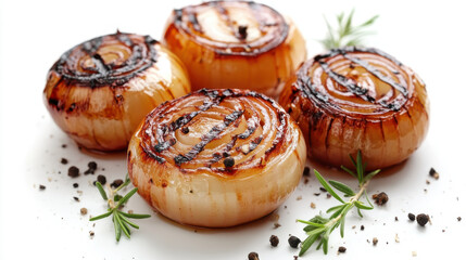 delicious caramelized onion with parsley on a white plate macro. horizontal
