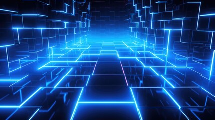 Abstract digital background with neon glowing lines and squares in blue color.