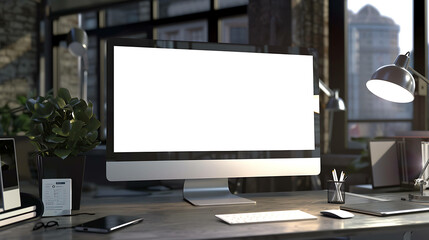 Fototapeta premium A modern office desk with a computer monitor, plant, lamp, and keyboard.