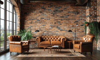 Loft Interior with Brick Wall, Brown Leather Armchairs, and Coffee Table Near Window