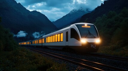 Obraz premium A modern train travels through a serene mountain landscape at dusk, illuminated with warm lights against a twilight backdrop.