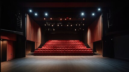 Empty theater stage with illuminated red seats and lighting