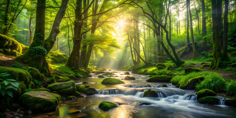 Obraz premium Emerald Serenity: A sun-drenched forest stream flows through a vibrant green woodland, mossy rocks lining its banks, in a captivating display of nature's tranquility. 