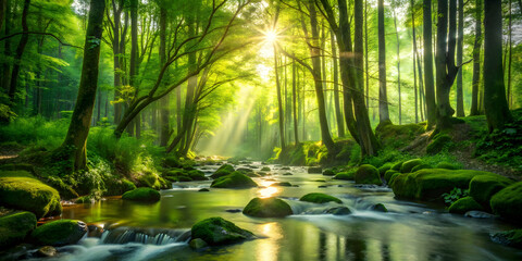 Sunbeams Through the Forest: A tranquil stream meanders through a lush forest, sunlight filtering through the canopy and casting a golden glow. This serene landscape evokes feelings of peace and renew