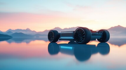 Sleek autonomous vehicle on reflective surface with mountain backdrop at dusk