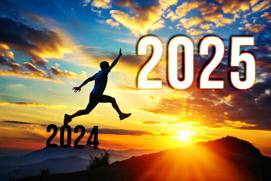 Man jumping from 2024 to 2025 during a beautiful sunset.  new year's eve, goals, success, future.