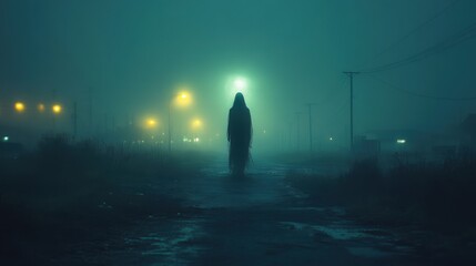 Fototapeta premium Eerie Ghostly Figure Floating above Abandoned Highway at Night with Broken Streetlights and Dense Fog - Hyperrealistic Photography