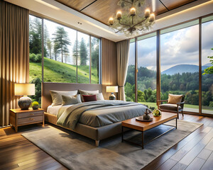 Mountain View Serenity: A luxurious bedroom bathed in natural light, featuring panoramic windows framing a breathtaking mountain vista, promises a serene escape. 