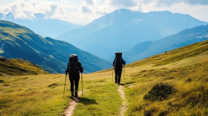 Obraz premium Two hikers trekking through mountainous landscape, scenic view with lush green hills and blue sky