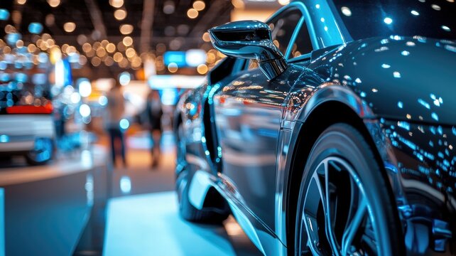 Shiny blue sports car on display at auto show with bright lights in background