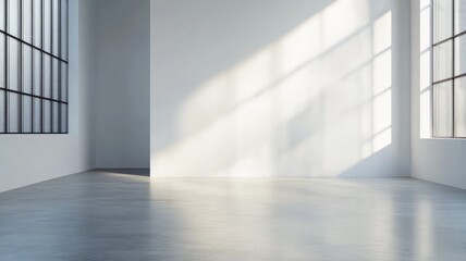 Obraz premium Sunlit empty room with large windows and concrete floor
