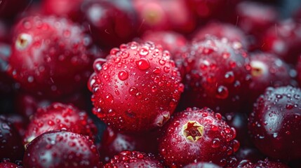 Close-up of fresh, red cranberries with water droplets.