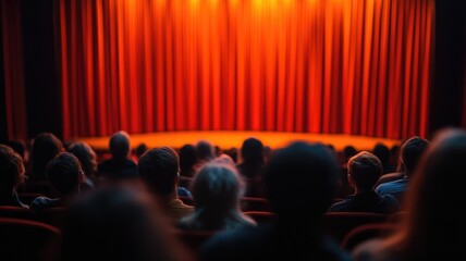Audience watches performance on stage with closed red curtain