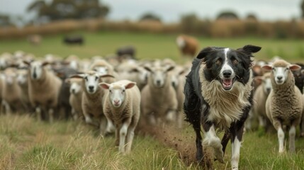 A herd of sheep being herded by a border collie on a farm.