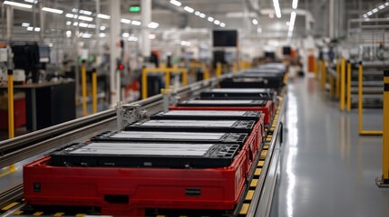 A high-tech factory conveyor system assembling and testing car batteries for electric vehicles