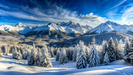 Snowy Mountain Peaks: An awe-inspiring panoramic vista of snow-capped mountain peaks rising majestically against a vibrant blue sky, with a picturesque forest of frost-covered trees in the foreground.