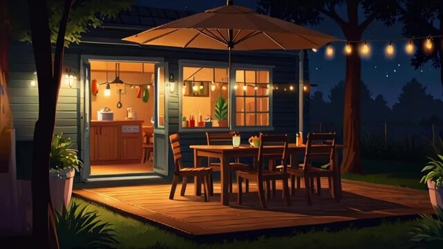Cottage wooden terrace at back yard with  area at night. Backyard with table and umbrella decorated with light garland, picnic barbecue zone on patio at summer time, Cartoon vector illustration