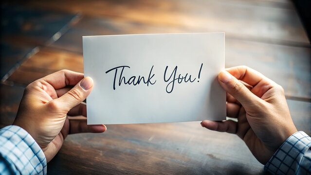 A close-up of hands holding a thank you card against a rustic wooden background, expressing gratitude and appreciation.