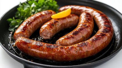 Fototapeta premium Delicious pork chipolatas sausages in a frying pan isolated on white