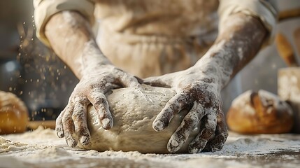 Baker Kneading Dough Close Up  Hands Covered in Flour  Making Bread  Bakery