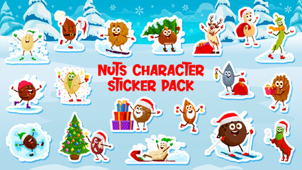 Cartoon Christmas nuts, seeds and beans characters stickers pack. Vector fun festive personages showcase holiday activities, like skiing, decorating, and gift-giving, creating a joyful atmosphere